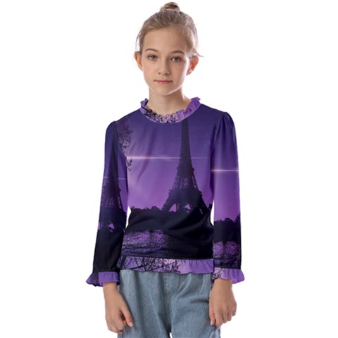 Eiffel Tower Paris-nigh Silhouette Kids  Frill Detail Tee by Wegoenart