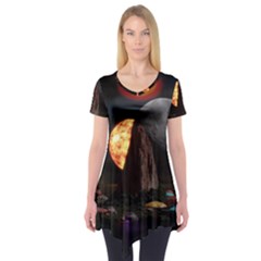 Eye Of Sauron Space Mushroom Moon Short Sleeve Tunic  by Wegoenart