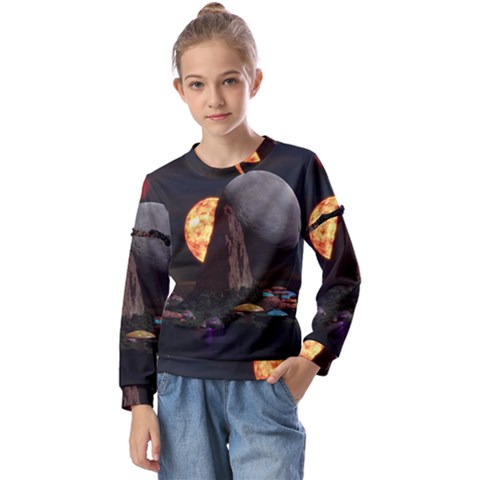 Eye Of Sauron Space Mushroom Moon Kids  Long Sleeve Tee With Frill  by Wegoenart