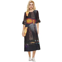 Eye Of Sauron Space Mushroom Moon Double Cuff Midi Dress by Wegoenart