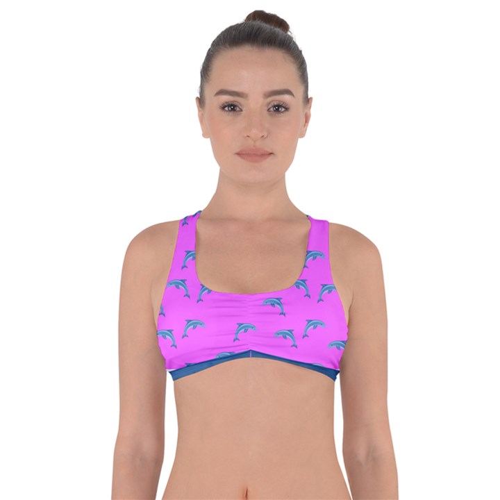 Pink and blue, cute dolphins pattern, animals theme Got No Strings Sports Bra