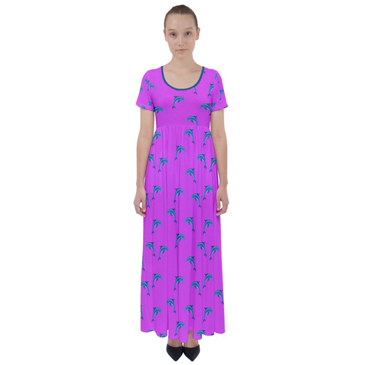 Pink and blue, cute dolphins pattern, animals theme High Waist Short Sleeve Maxi Dress