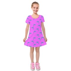 Pink And Blue, Cute Dolphins Pattern, Animals Theme Kids  Short Sleeve Velvet Dress