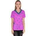 Pink and blue, cute dolphins pattern, animals theme Women s V-Neck Scrub Top View1