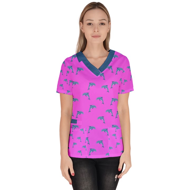 Pink and blue, cute dolphins pattern, animals theme Women s V-Neck Scrub Top