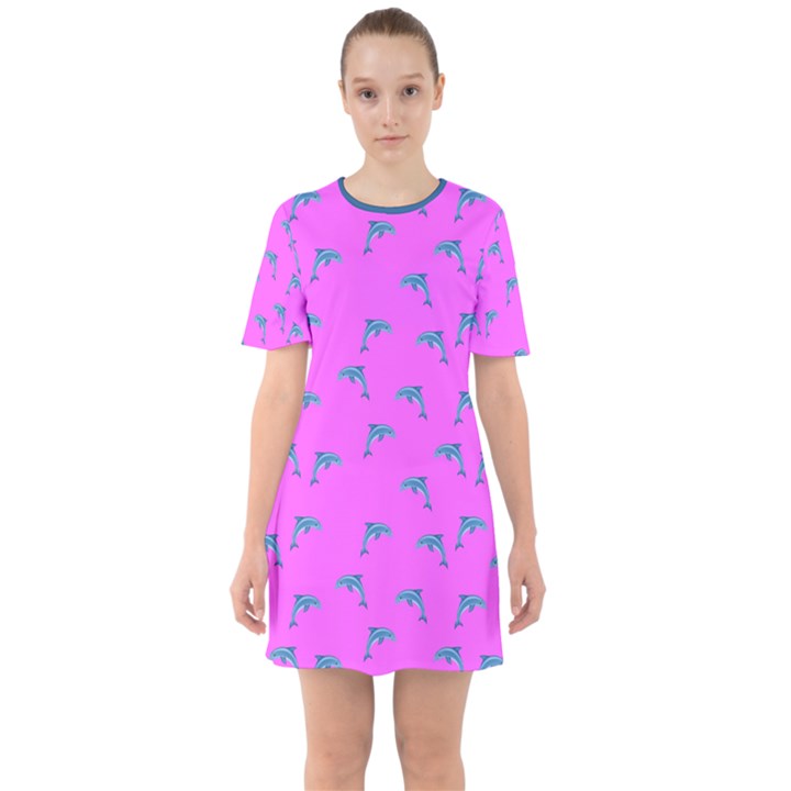 Pink and blue, cute dolphins pattern, animals theme Sixties Short Sleeve Mini Dress