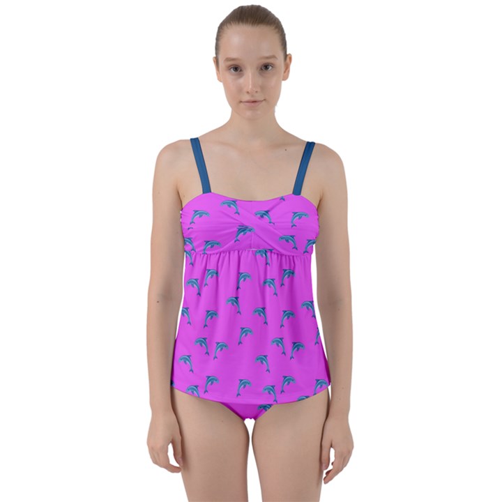 Pink and blue, cute dolphins pattern, animals theme Twist Front Tankini Set