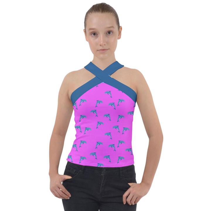 Pink and blue, cute dolphins pattern, animals theme Cross Neck Velour Top