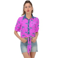 Pink And Blue, Cute Dolphins Pattern, Animals Theme Tie Front Shirt  by Casemiro