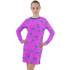 Pink And Blue, Cute Dolphins Pattern, Animals Theme Long Sleeve Hoodie Dress