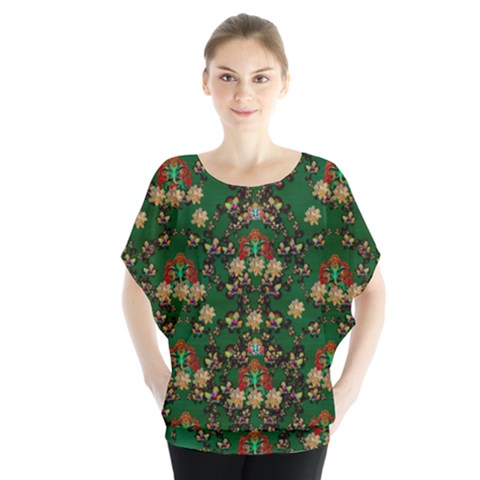 Ganesh Elephant Art With Waterlilies Batwing Chiffon Blouse by pepitasart