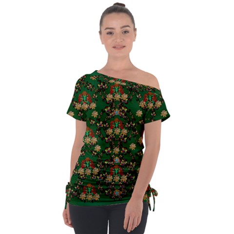 Ganesh Elephant Art With Waterlilies Off Shoulder Tie-up Tee by pepitasart