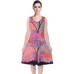 Tree Landscape Abstract Nature Colorful Scene V-neck Midi Sleeveless Dress  by danenraven