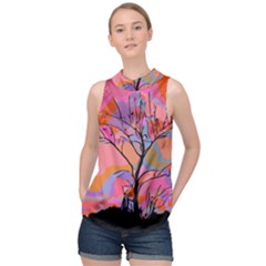 Tree Landscape Abstract Nature Colorful Scene High Neck Satin Top by danenraven