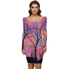 Tree Landscape Abstract Nature Colorful Scene Women Long Sleeve Ruched Stretch Jersey Dress by danenraven