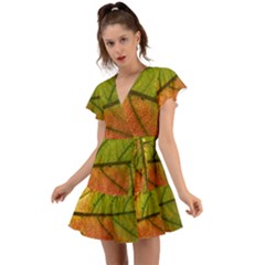 Leaf Autumn Fall Season Macro Flutter Sleeve Wrap Dress by Wegoenart