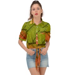 Leaf Autumn Fall Season Macro Tie Front Shirt  by Wegoenart