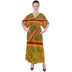 Leaf Veins Texture Autumn Fall V-neck Boho Style Maxi Dress by Wegoenart