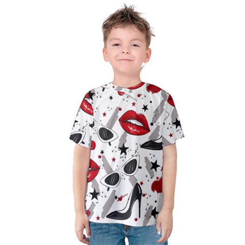 Red Lips Black Heels Pattern Kids  Cotton Tee by Jancukart