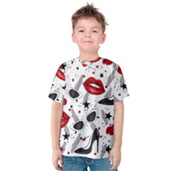 Red Lips Black Heels Pattern Kids  Cotton Tee