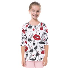 Red Lips Black Heels Pattern Kids  Quarter Sleeve Raglan Tee