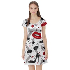 Red Lips Black Heels Pattern Short Sleeve Skater Dress