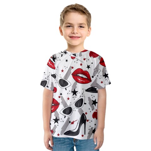 Red Lips Black Heels Pattern Kids  Sport Mesh Tee by Jancukart