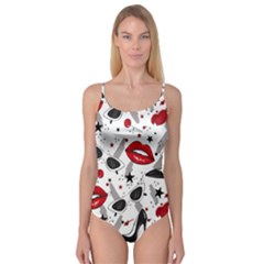 Red Lips Black Heels Pattern Camisole Leotard 