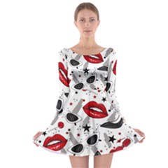 Red Lips Black Heels Pattern Long Sleeve Skater Dress