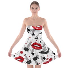 Red Lips Black Heels Pattern Strapless Bra Top Dress