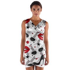 Red Lips Black Heels Pattern Wrap Front Bodycon Dress