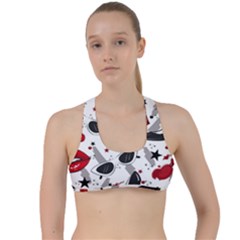 Red Lips Black Heels Pattern Criss Cross Racerback Sports Bra