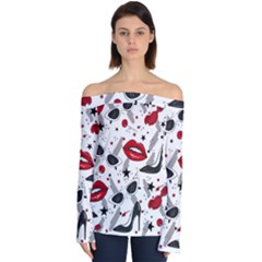 Red Lips Black Heels Pattern Off Shoulder Long Sleeve Top