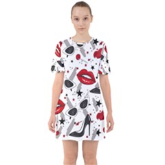 Red Lips Black Heels Pattern Sixties Short Sleeve Mini Dress