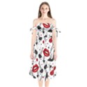 Red Lips Black Heels Pattern Shoulder Tie Bardot Midi Dress View1