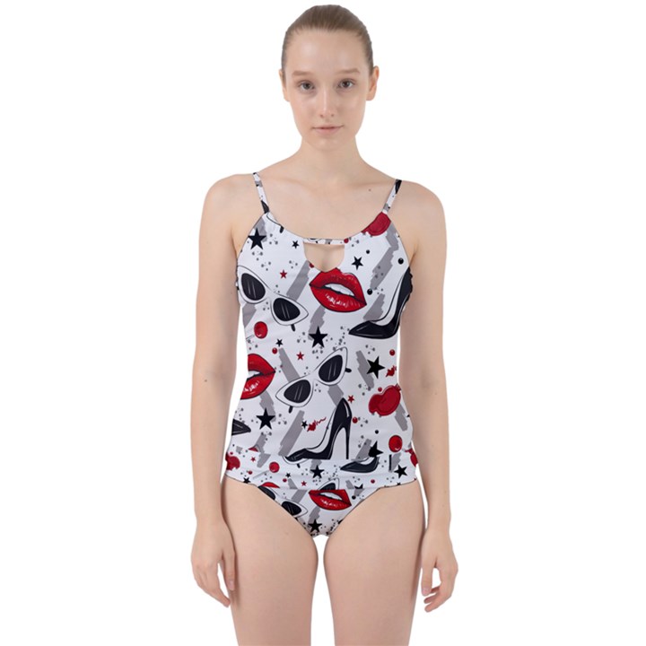 Red Lips Black Heels Pattern Cut Out Top Tankini Set