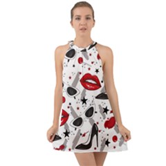 Red Lips Black Heels Pattern Halter Tie Back Chiffon Dress