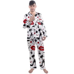 Red Lips Black Heels Pattern Men s Long Sleeve Satin Pajamas Set by Jancukart