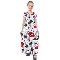 Red Lips Black Heels Pattern Kids  Short Sleeve Maxi Dress