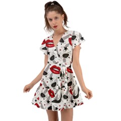 Red Lips Black Heels Pattern Flutter Sleeve Wrap Dress