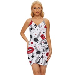 Red Lips Black Heels Pattern Wrap Tie Front Dress