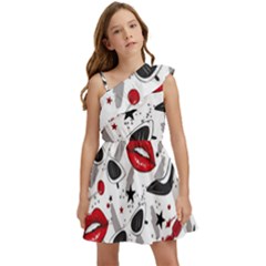 Red Lips Black Heels Pattern Kids  One Shoulder Party Dress