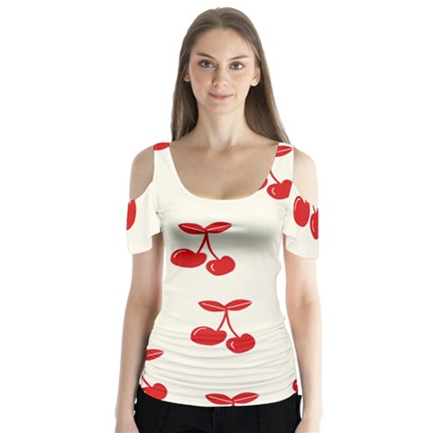 Cherries Butterfly Sleeve Cutout Tee  by nateshop