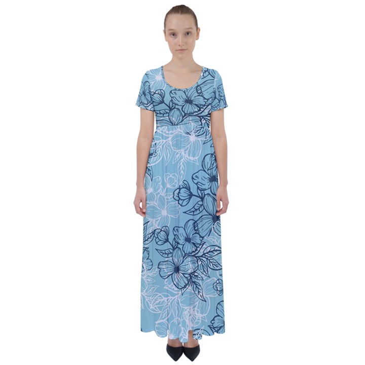 Flowers-25 High Waist Short Sleeve Maxi Dress