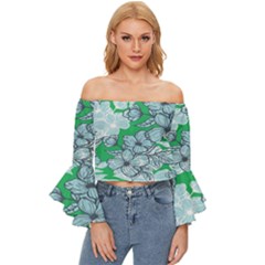 Flowers-26 Off Shoulder Flutter Bell Sleeve Top by nateshop