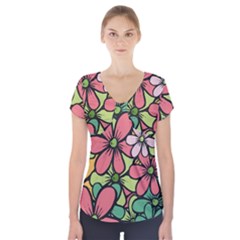 Flowers-27 Short Sleeve Front Detail Top