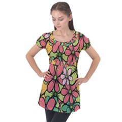 Flowers-27 Puff Sleeve Tunic Top