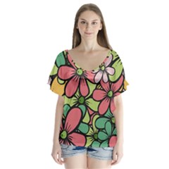 Flowers-27 V-neck Flutter Sleeve Top