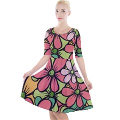 Flowers-27 Quarter Sleeve A-line Dress