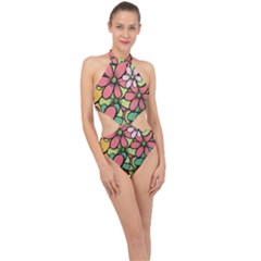 Flowers-27 Halter Side Cut Swimsuit